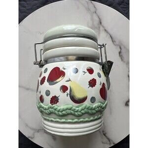 Crock Canister Apples 5.75" T.  Decor VTG Cream Ivory Jar Lidded Fruit Farmhouse